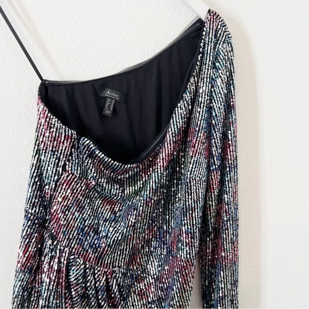Aidan by Aidan Mattox Printed One-Shoulder Sequin Mini Dress Cocktail Sz 12